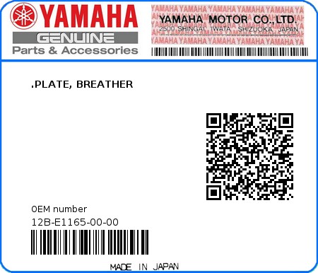 Product image: Yamaha - 12B-E1165-00-00 - .PLATE, BREATHER  0
