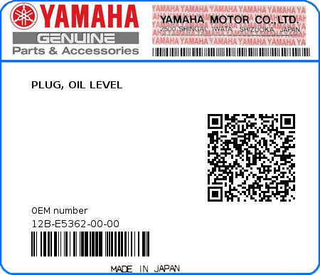 Product image: Yamaha - 12B-E5362-00-00 - PLUG, OIL LEVEL  0