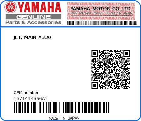 Product image: Yamaha - 1371414366A1 - JET, MAIN #330  0