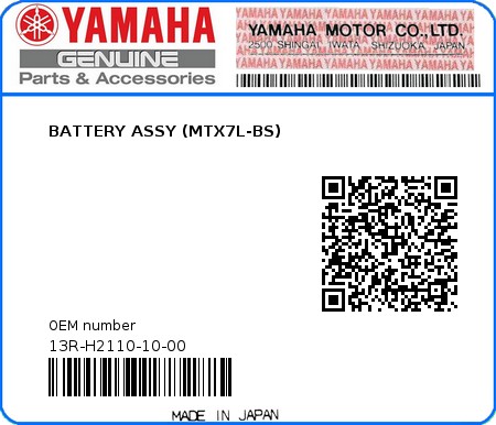 Product image: Yamaha - 13R-H2110-10-00 - BATTERY ASSY (MTX7L-BS)  0