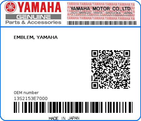 Product image: Yamaha - 13S2153E7000 - EMBLEM, YAMAHA  0