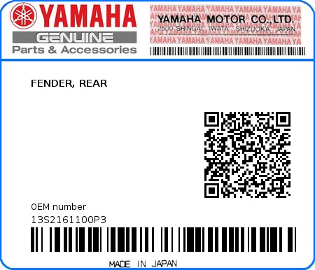 Product image: Yamaha - 13S2161100P3 - FENDER, REAR  0