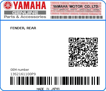 Product image: Yamaha - 13S2161100P9 - FENDER, REAR  0