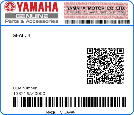 Product image: Yamaha - 13S216A40000 - SEAL, 4  0