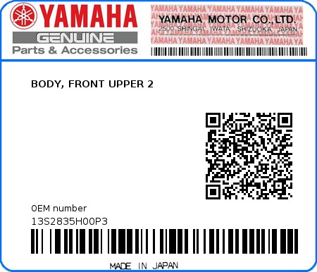 Product image: Yamaha - 13S2835H00P3 - BODY, FRONT UPPER 2  0