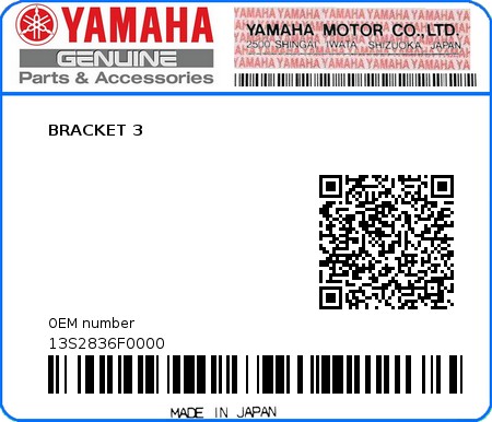 Product image: Yamaha - 13S2836F0000 - BRACKET 3  0