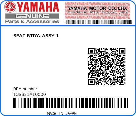 Product image: Yamaha - 13S821A10000 - SEAT BTRY. ASSY 1  0