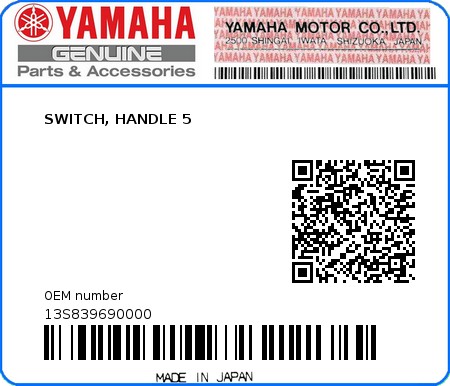 Product image: Yamaha - 13S839690000 - SWITCH, HANDLE 5  0