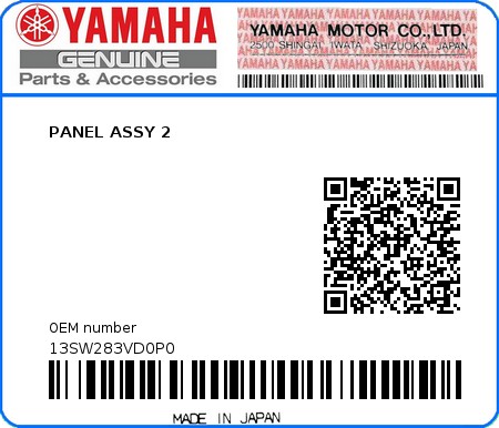 Product image: Yamaha - 13SW283VD0P0 - PANEL ASSY 2  0