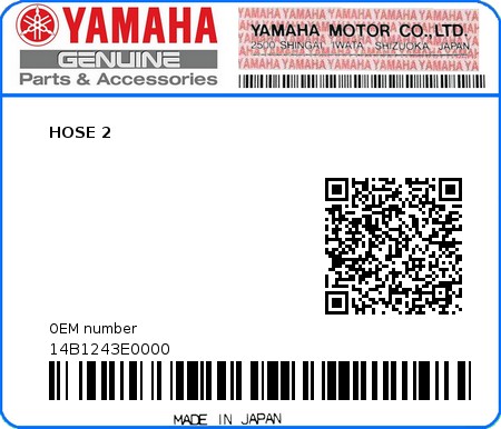 Product image: Yamaha - 14B1243E0000 - HOSE 2  0