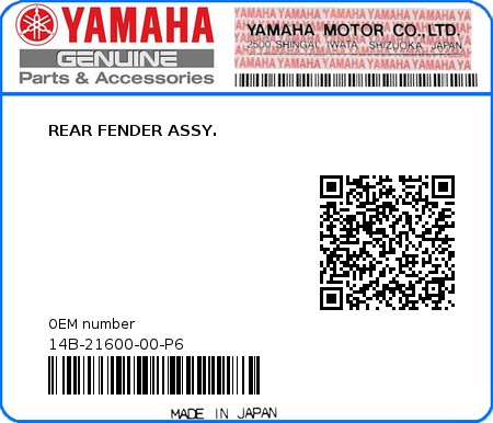 Product image: Yamaha - 14B-21600-00-P6 - REAR FENDER ASSY.  0