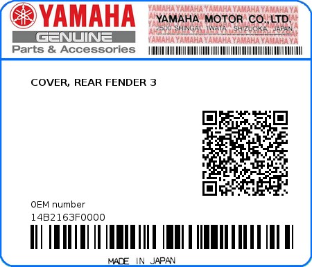 Product image: Yamaha - 14B2163F0000 - COVER, REAR FENDER 3  0