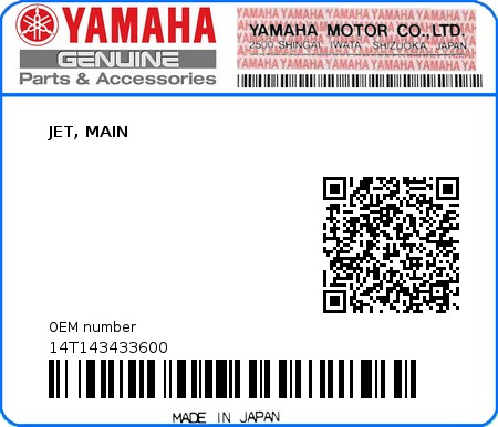 Product image: Yamaha - 14T143433600 - JET, MAIN  0