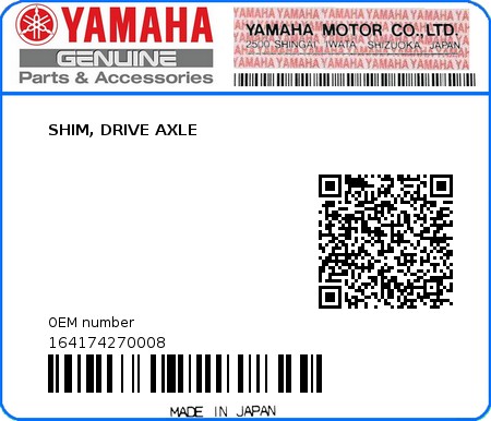 Product image: Yamaha - 164174270008 - SHIM, DRIVE AXLE  0