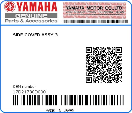 Product image: Yamaha - 17D21730D000 - SIDE COVER ASSY 3  0