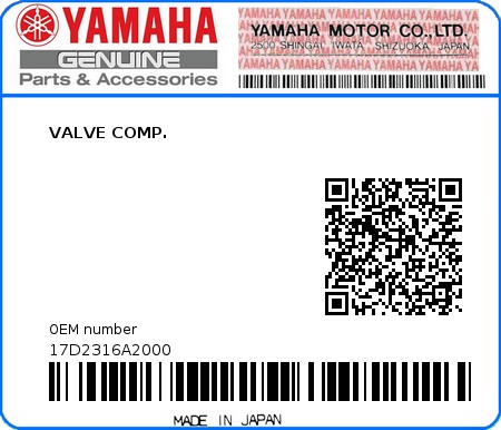 Product image: Yamaha - 17D2316A2000 - VALVE COMP.  0