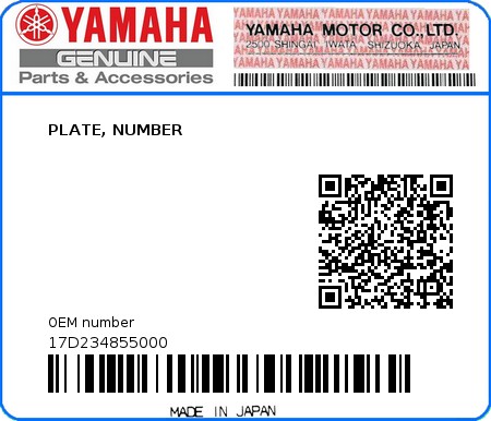 Product image: Yamaha - 17D234855000 - PLATE, NUMBER  0