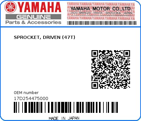 Product image: Yamaha - 17D254475000 - SPROCKET, DRIVEN (47T)  0