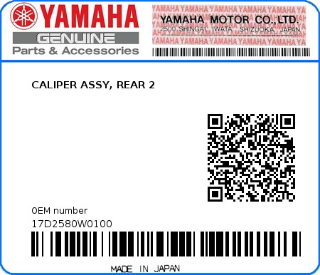 Product image: Yamaha - 17D2580W0100 - CALIPER ASSY, REAR 2  0