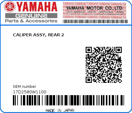 Product image: Yamaha - 17D2580W1100 - CALIPER ASSY, REAR 2  0