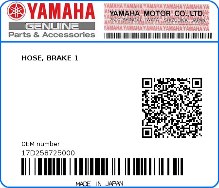 Product image: Yamaha - 17D258725000 - HOSE, BRAKE 1  0