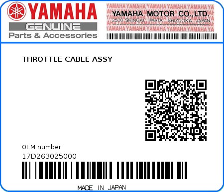 Product image: Yamaha - 17D263025000 - THROTTLE CABLE ASSY  0