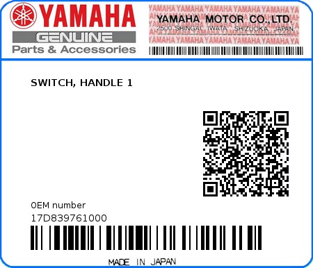 Product image: Yamaha - 17D839761000 - SWITCH, HANDLE 1  0