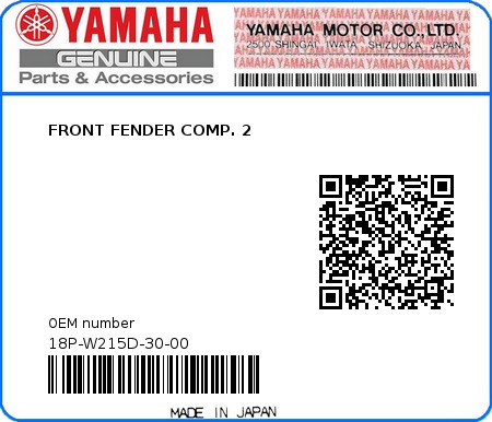Product image: Yamaha - 18P-W215D-30-00 - FRONT FENDER COMP. 2  0