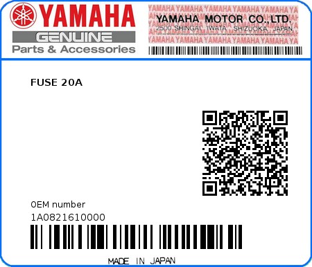 Product image: Yamaha - 1A0821610000 - FUSE 20A   0