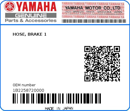 Product image: Yamaha - 1B2258720000 - HOSE, BRAKE 1  0