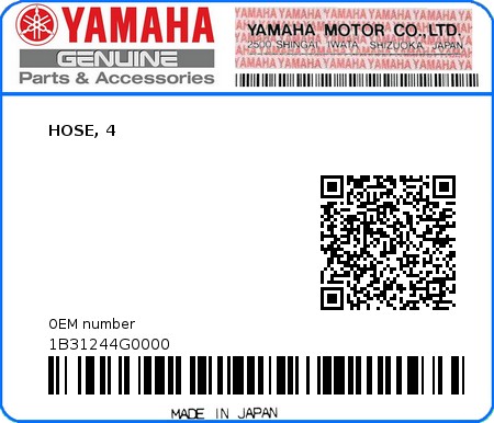 Product image: Yamaha - 1B31244G0000 - HOSE, 4  0