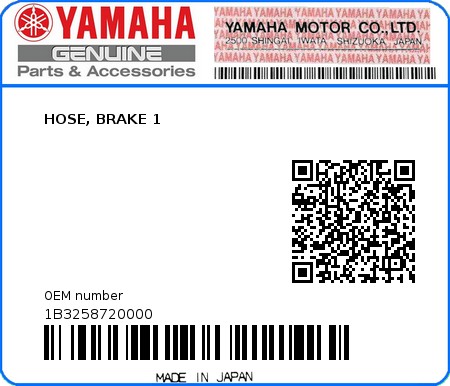 Product image: Yamaha - 1B3258720000 - HOSE, BRAKE 1  0