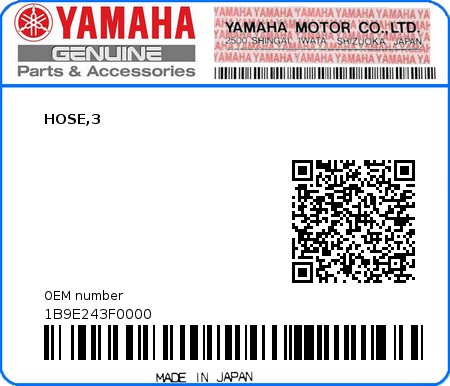 Product image: Yamaha - 1B9E243F0000 - HOSE,3  0