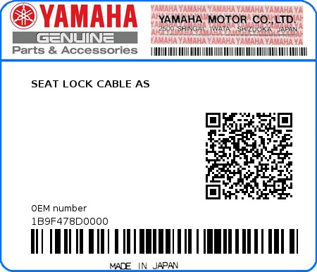 Product image: Yamaha - 1B9F478D0000 - SEAT LOCK CABLE AS  0