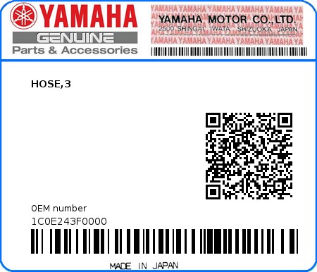 Product image: Yamaha - 1C0E243F0000 - HOSE,3  0