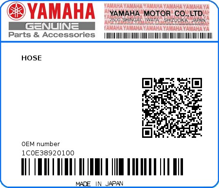 Product image: Yamaha - 1C0E38920100 - HOSE  0