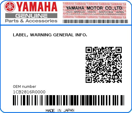 Product image: Yamaha - 1CB2816R0000 - LABEL, WARNING GENERAL INFO.  0