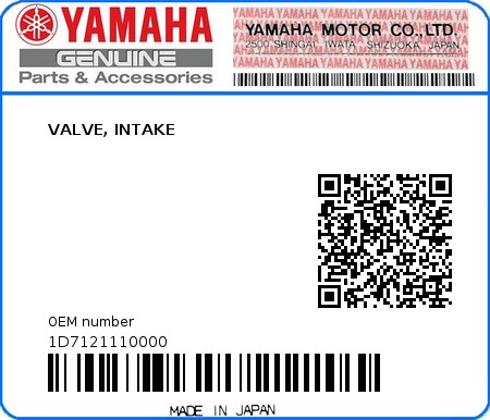 Product image: Yamaha - 1D7121110000 - VALVE, INTAKE  0