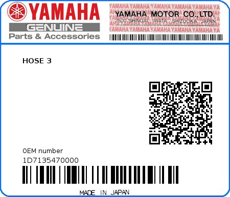 Product image: Yamaha - 1D7135470000 - HOSE 3  0
