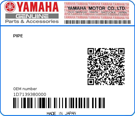 Product image: Yamaha - 1D7139380000 - PIPE  0