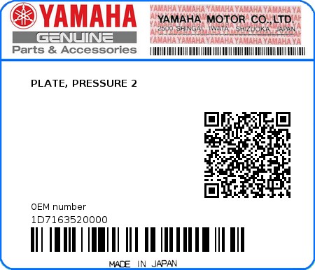 Product image: Yamaha - 1D7163520000 - PLATE, PRESSURE 2  0