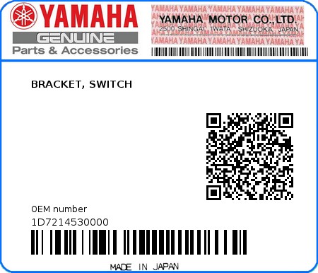 Product image: Yamaha - 1D7214530000 - BRACKET, SWITCH  0
