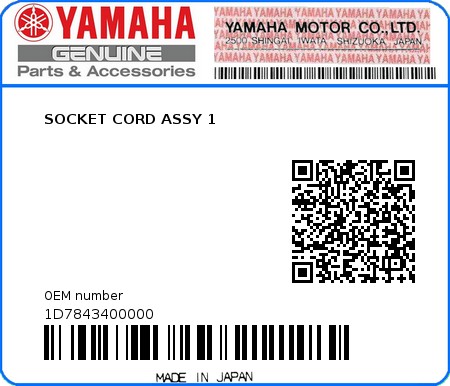 Product image: Yamaha - 1D7843400000 - SOCKET CORD ASSY 1  0