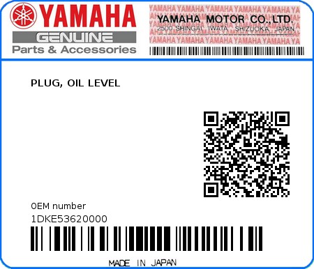Product image: Yamaha - 1DKE53620000 - PLUG, OIL LEVEL  0