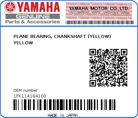 Product image: Yamaha - 1FK114164100 - PLANE BEARING, CRANKSHAFT (YELLOW) YELLOW  0