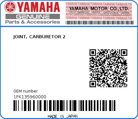 Product image: Yamaha - 1FK135960000 - JOINT, CARBURETOR 2  0