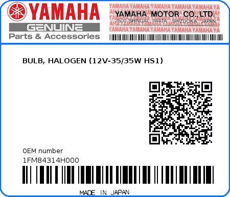 Product image: Yamaha - 1FM84314H000 - BULB, HALOGEN (12V-35/35W HS1)  0