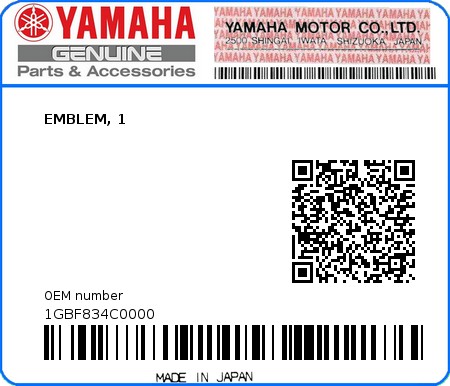 Product image: Yamaha - 1GBF834C0000 - EMBLEM, 1  0