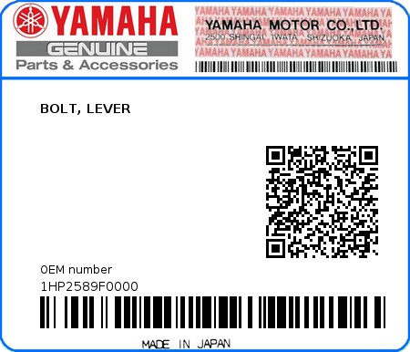 Product image: Yamaha - 1HP2589F0000 - BOLT, LEVER  0