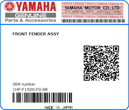 Product image: Yamaha - 1HP-F1500-F0-98 - FRONT FENDER ASSY  0